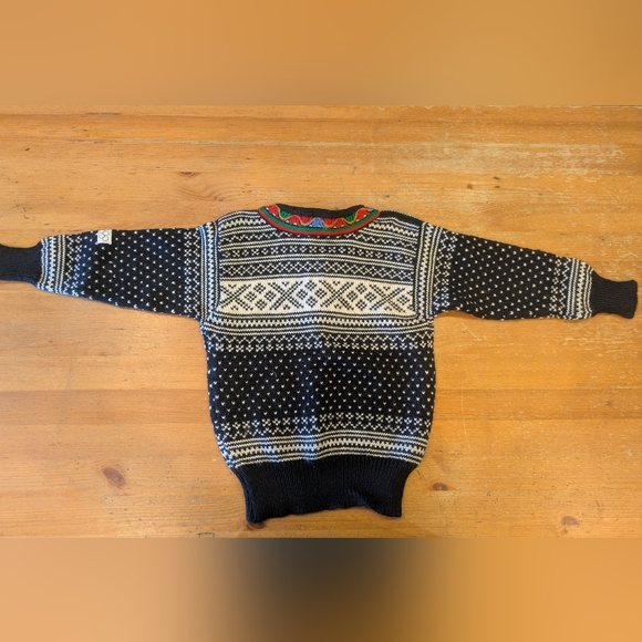 Dale of Norway Black and White Sweater with Red and Green Accents - Picture 2 of 6